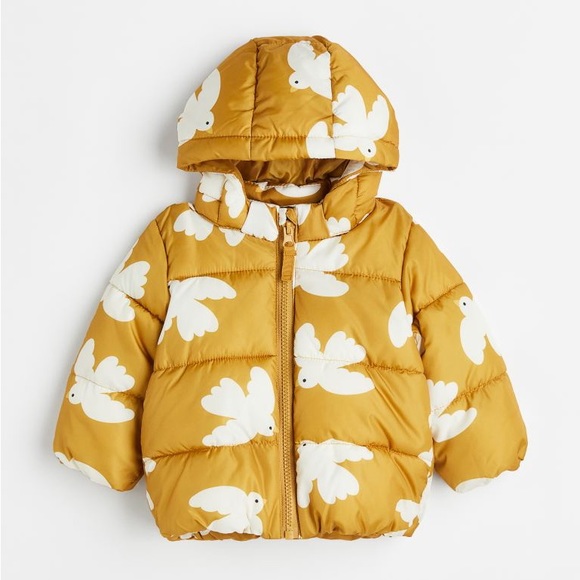 H&M Jackets & Coats Hm Kids White Bird Baby Puffer Coat In Mustard